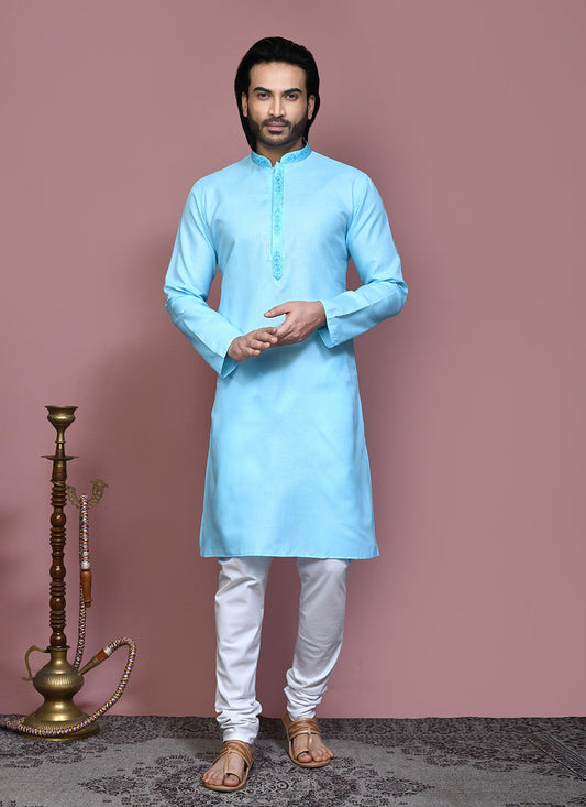 Machine Embroidery Cotton Firozi Kurta Pyjama - M7926