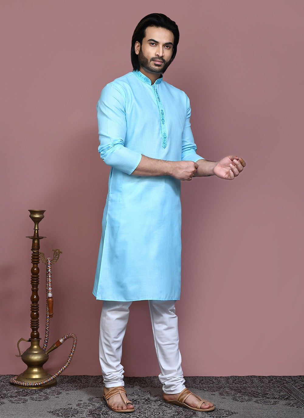 Machine Embroidery Cotton Firozi Kurta Pyjama - M7926