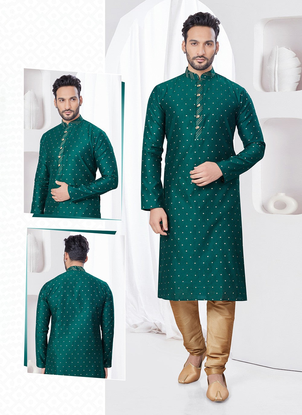 Machine Embroidery Jacquard Green Kurta Pyjama - M7551