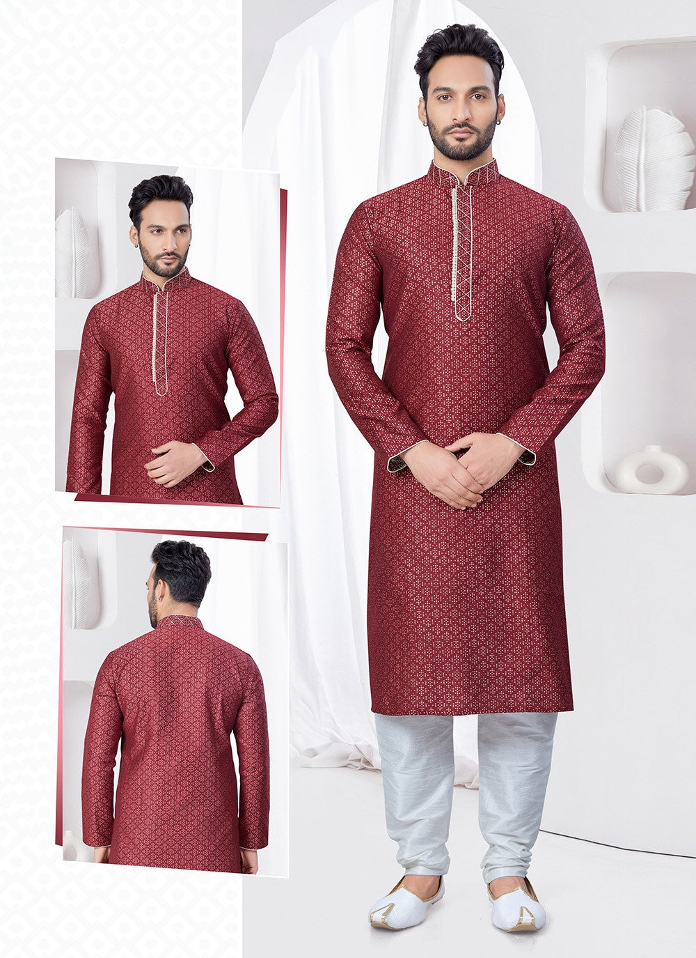 Machine Embroidery Jacquard Maroon Kurta Pyjama - M7554