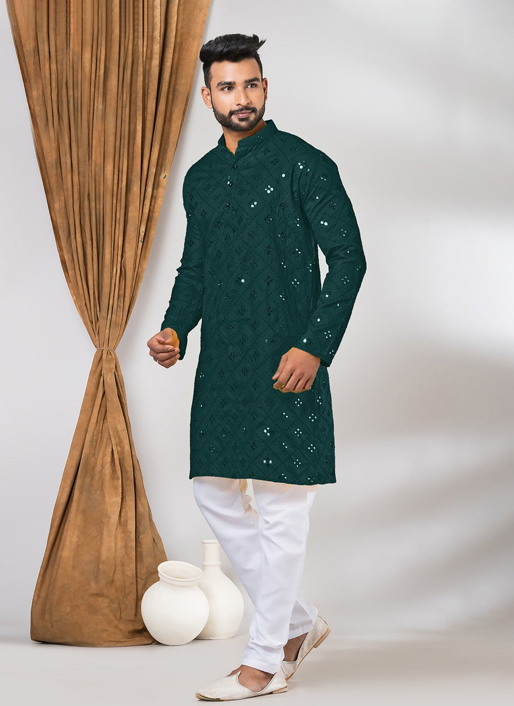 Mirror Cotton Green Kurta Pyjama - M7798