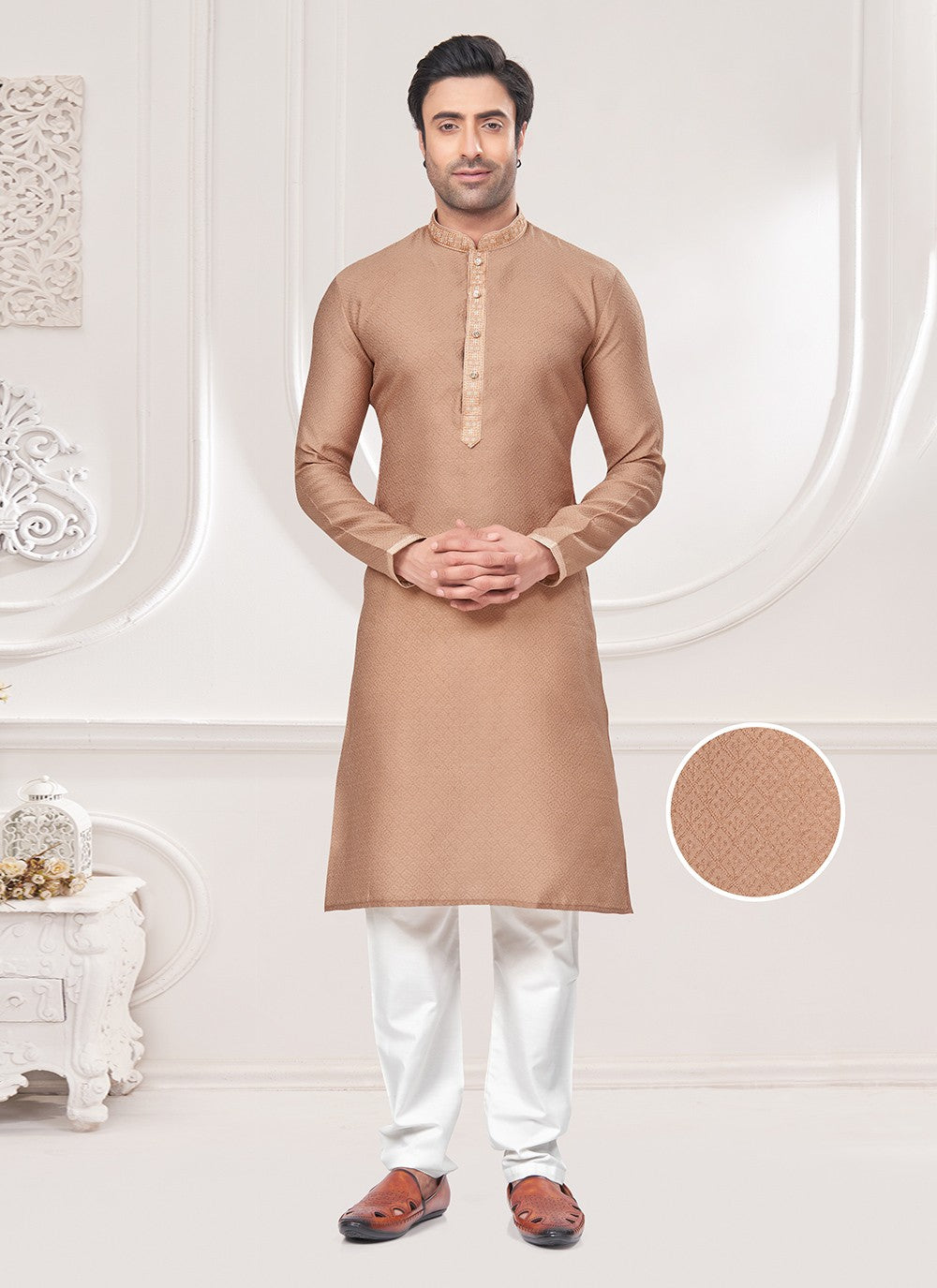 Mirror Jacquard Beige Kurta Pyjama - M8490