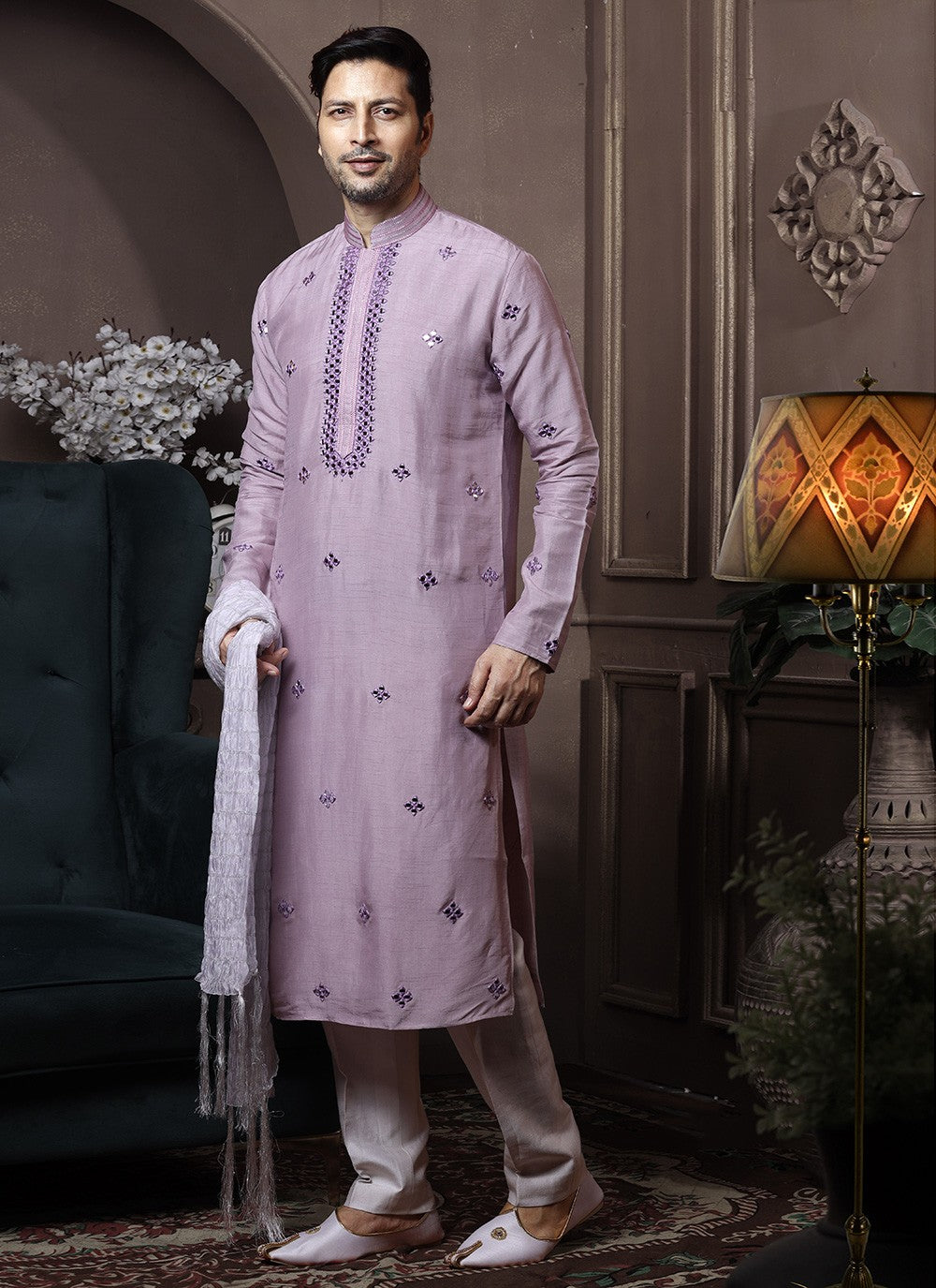 Embroidered Silk Lavender Kurta Pyjama - M3636