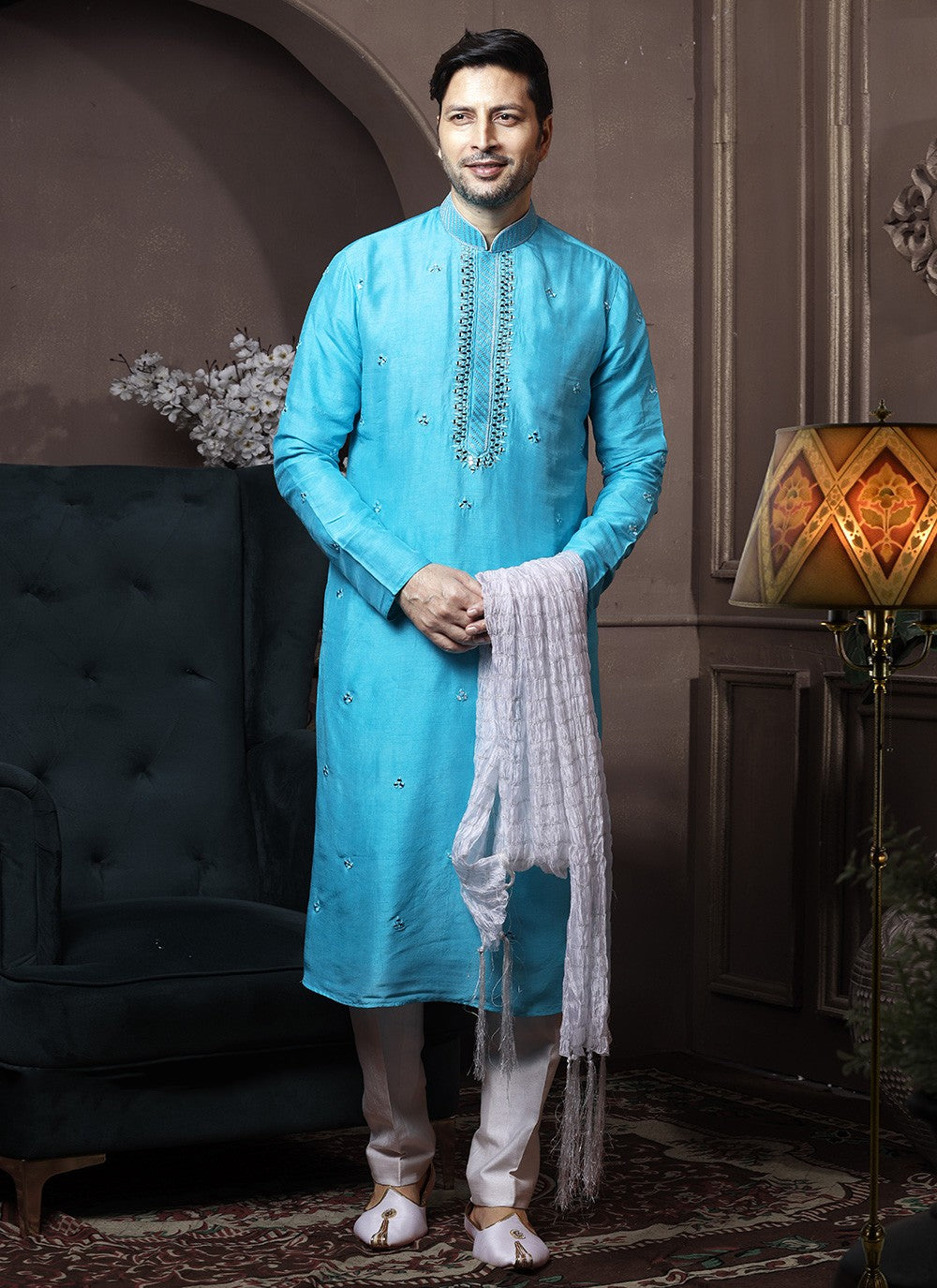 Embroidered Silk Turquoise Kurta Pyjama - M3631