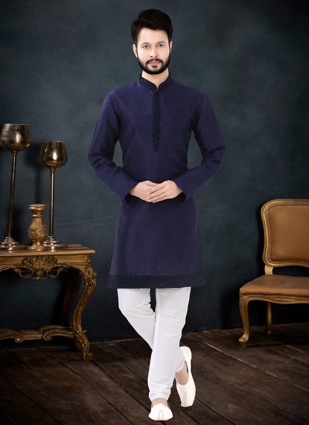 Patch Border Silk Blue Kurta Pyjama - M4448