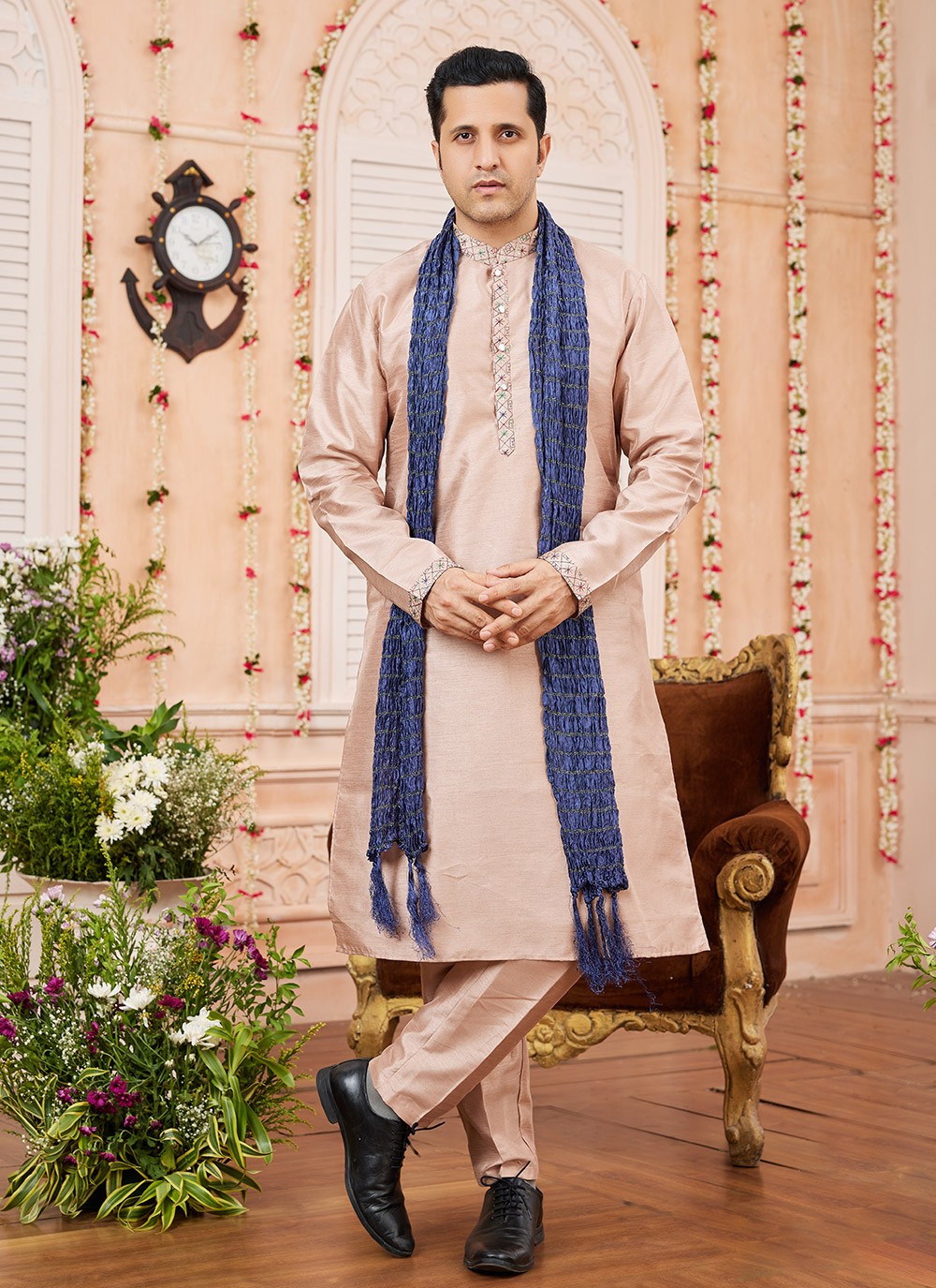 Patch Banarasi Silk Peach Kurta Pyjama - M8741