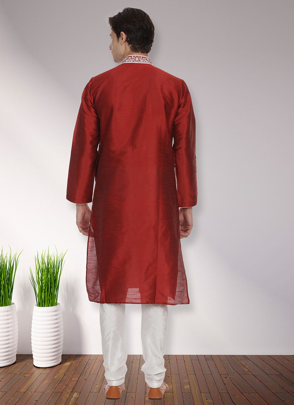 Patch Art Dupion Silk Maroon Kurta Pyjama - M1130