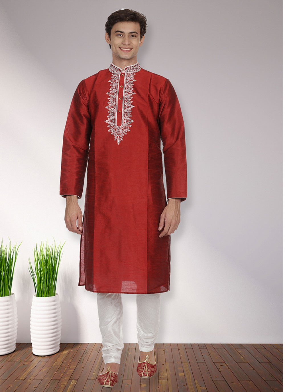 Patch Art Dupion Silk Maroon Kurta Pyjama - M1130