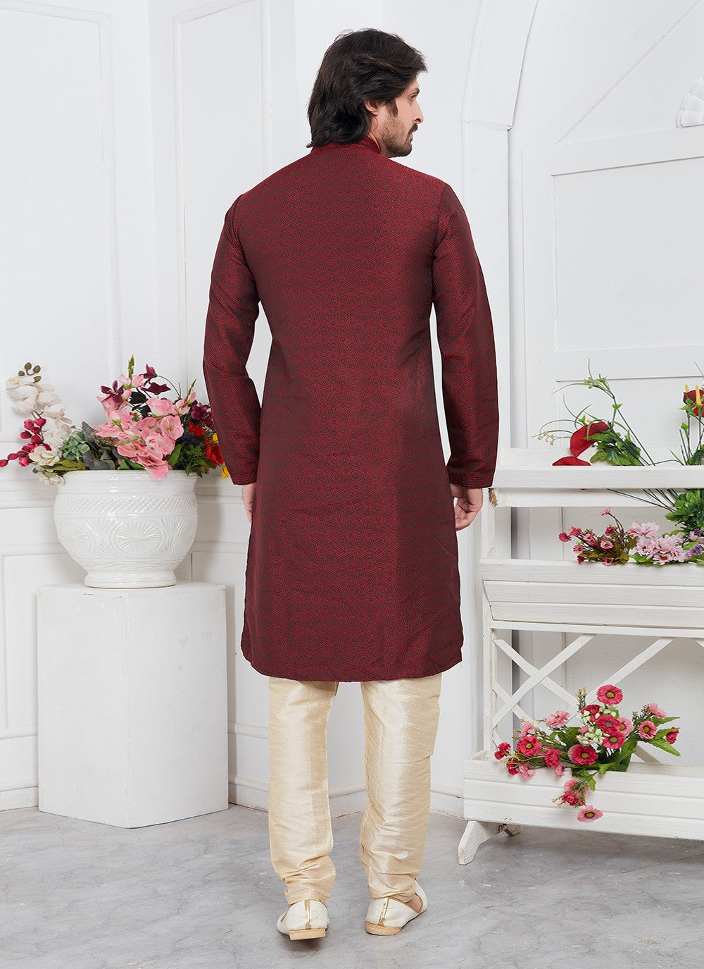 Pintex Brocade, Jacquard Silk Wine Kurta Pyjama - M7772