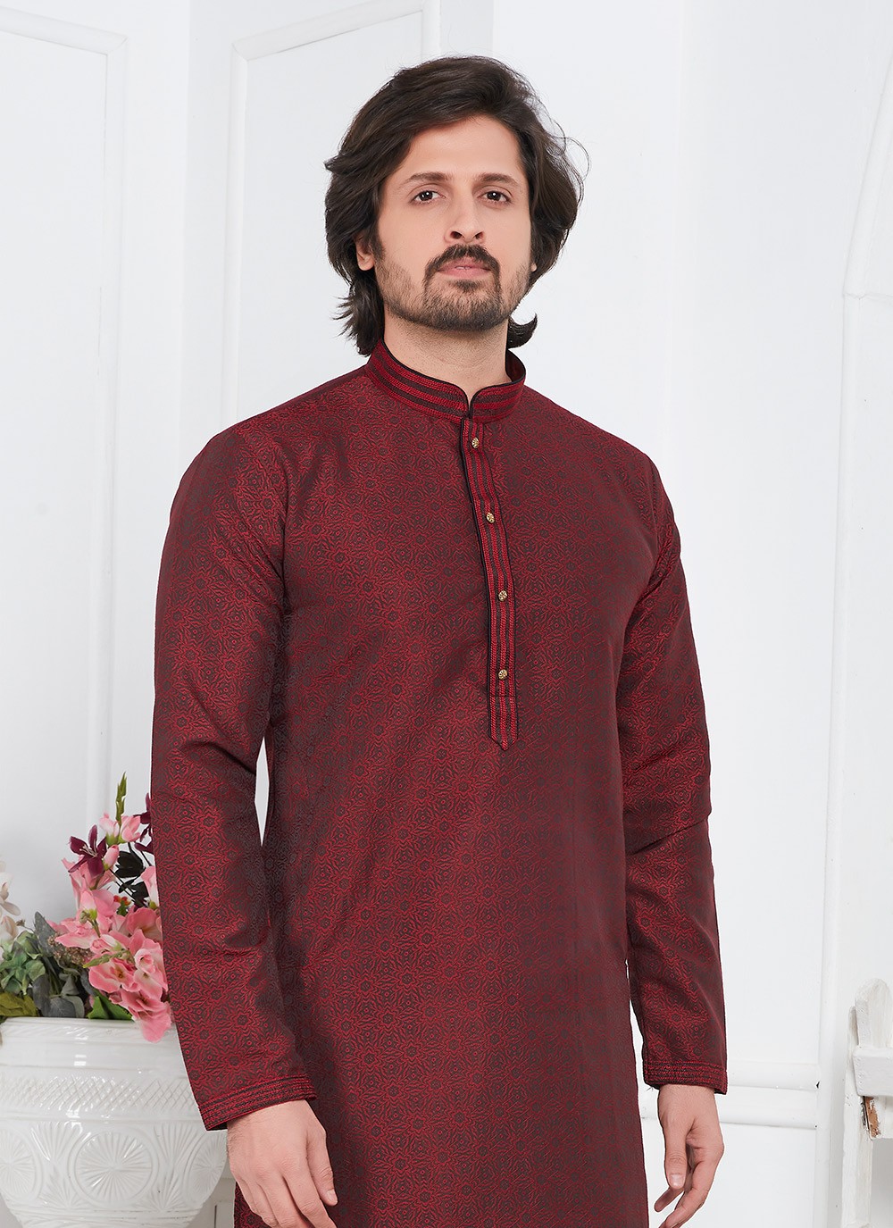 Pintex Brocade, Jacquard Silk Wine Kurta Pyjama - M7772