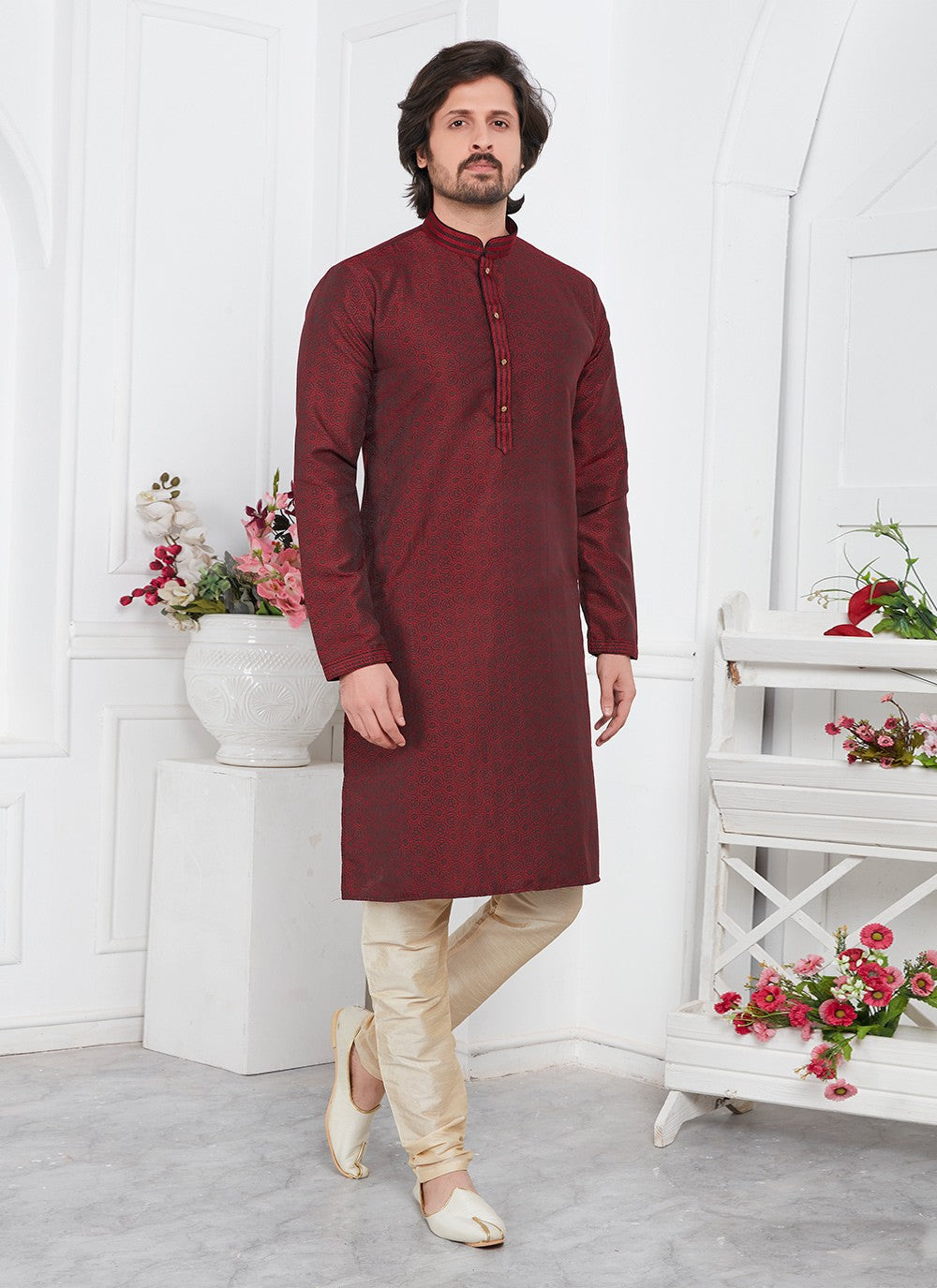 Pintex Brocade, Jacquard Silk Wine Kurta Pyjama - M7772