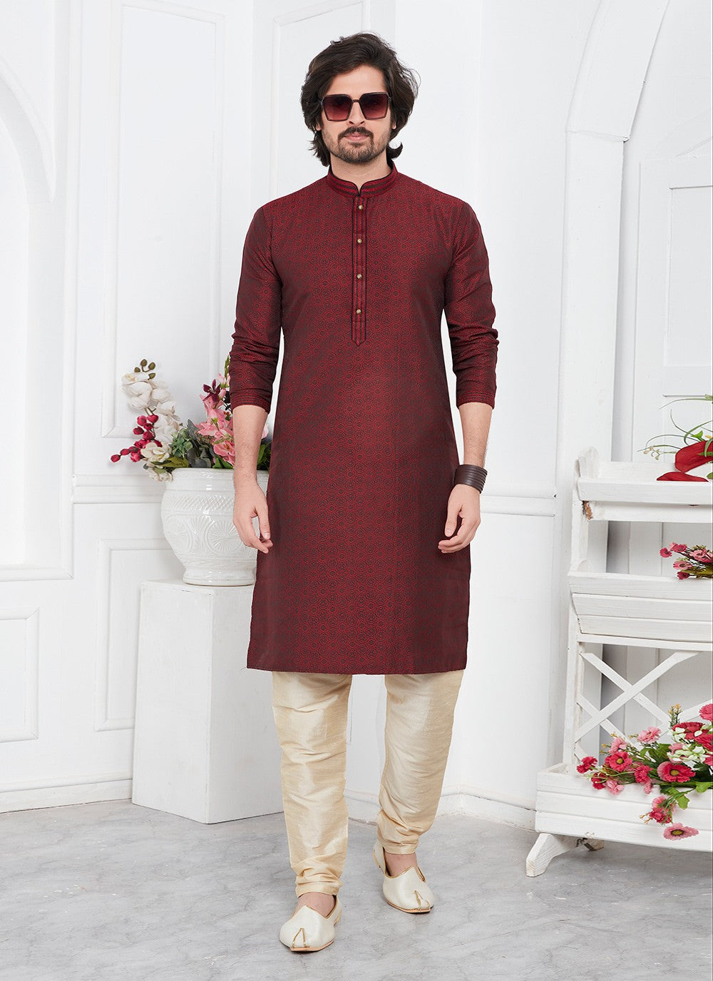 Pintex Brocade, Jacquard Silk Wine Kurta Pyjama - M7772