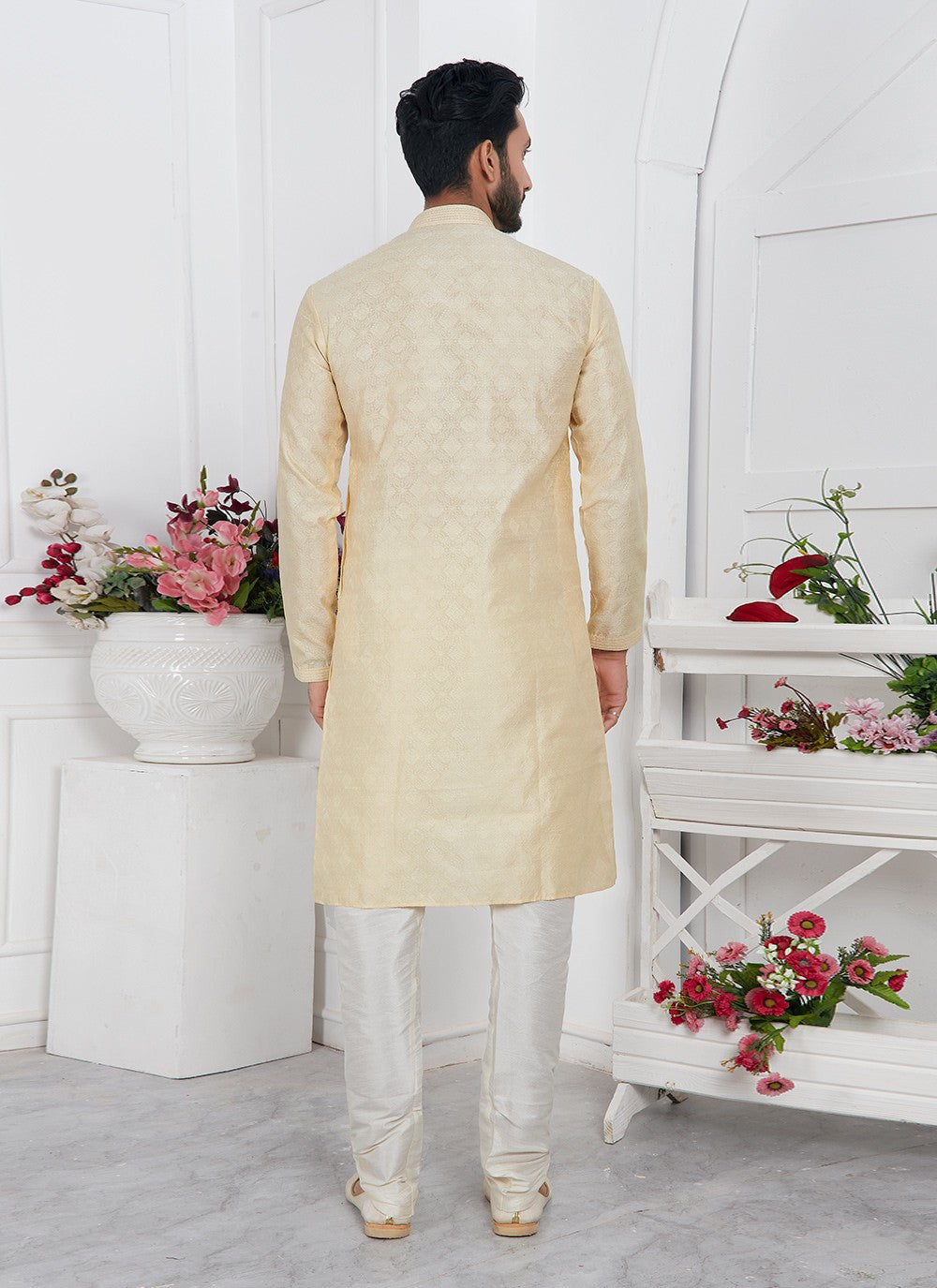 Pintex Brocade, Jacquard Silk Cream Kurta Pyjama - M7775