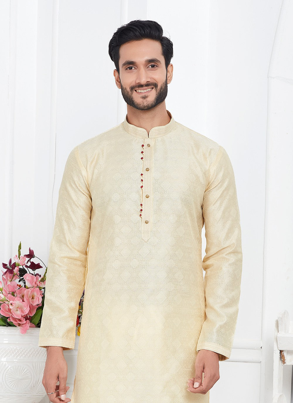 Pintex Brocade, Jacquard Silk Cream Kurta Pyjama - M7775