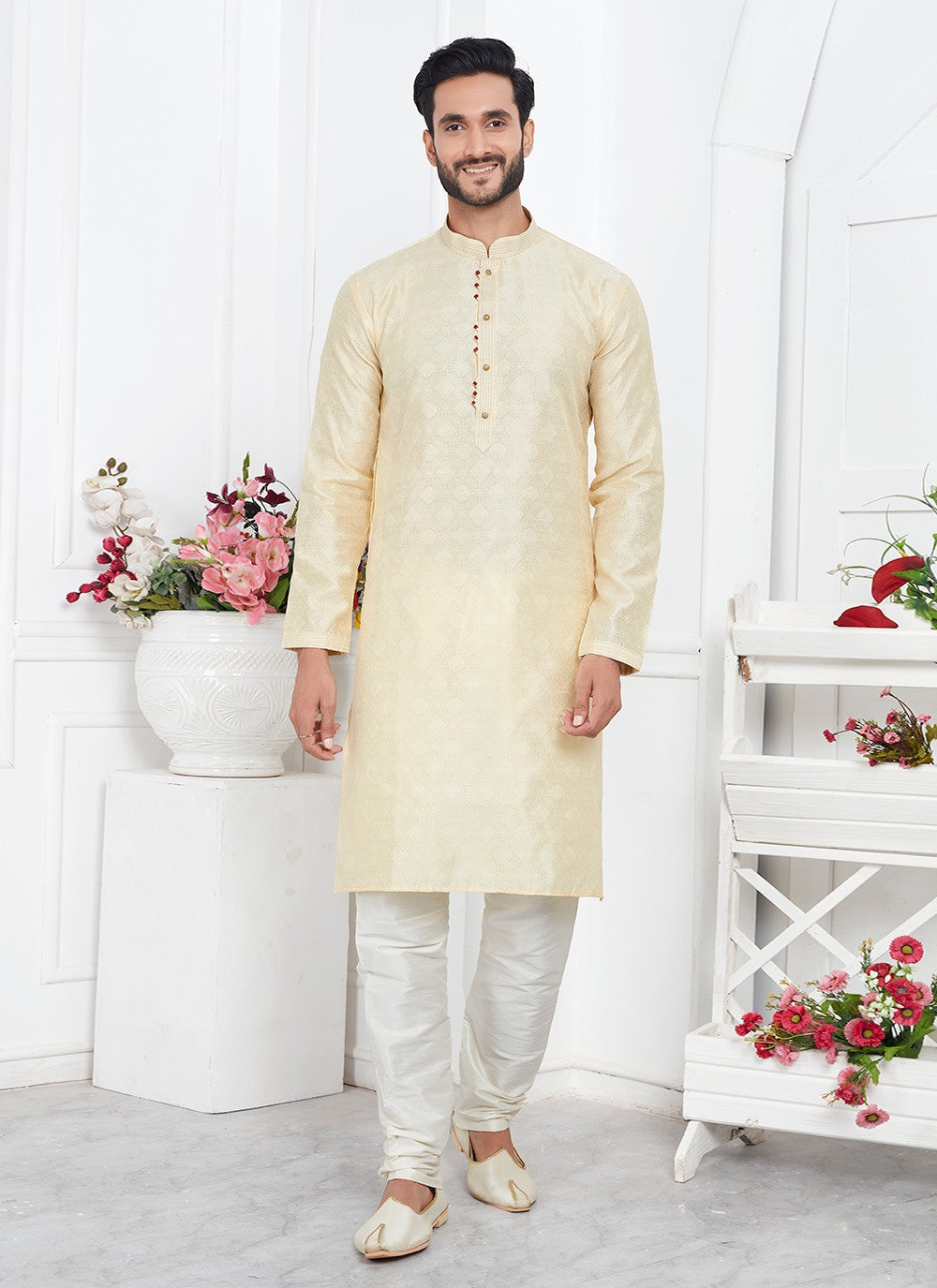 Pintex Brocade, Jacquard Silk Cream Kurta Pyjama - M7775