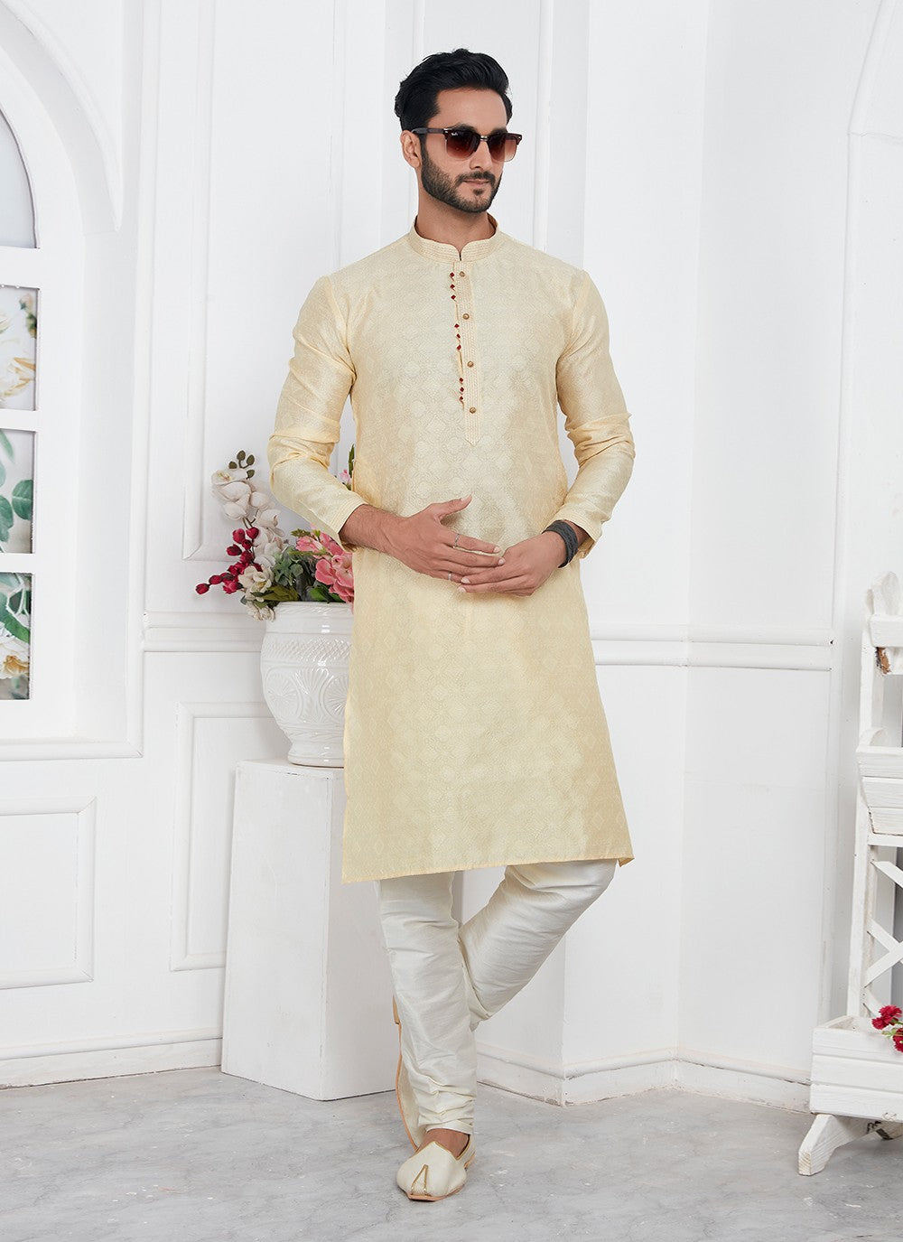 Pintex Brocade, Jacquard Silk Cream Kurta Pyjama - M7775