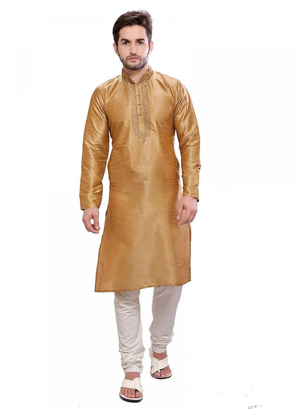 Plain Art Dupion Silk Gold Kurta Pyjama - M1146