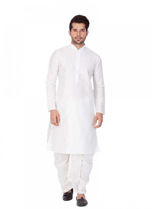 Plain Art Dupion Silk White Kurta Pyjama - M1174