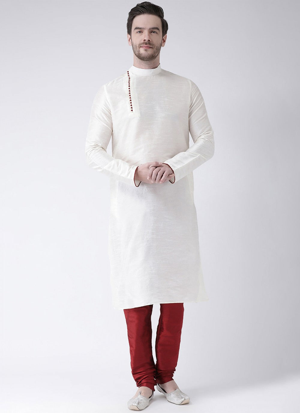 Plain Art Dupion Silk White Kurta Pyjama - M1441