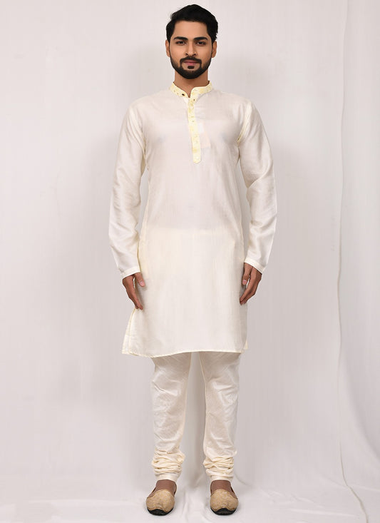 Plain Art Silk Off White Kurta Pyjama - M2506