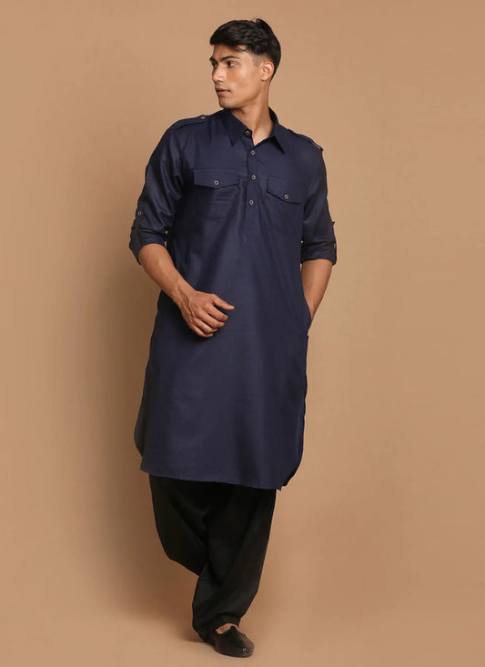 Plain Cotton Navy Blue Kurta Pyjama - M3855