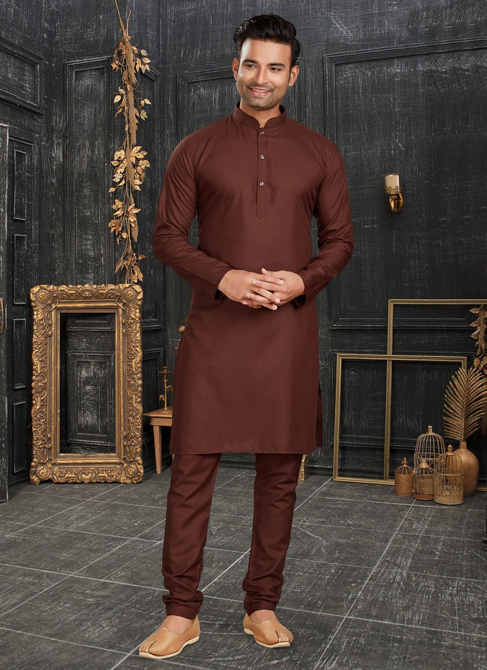 Plain Cotton Rust Kurta Pyjama - M4353