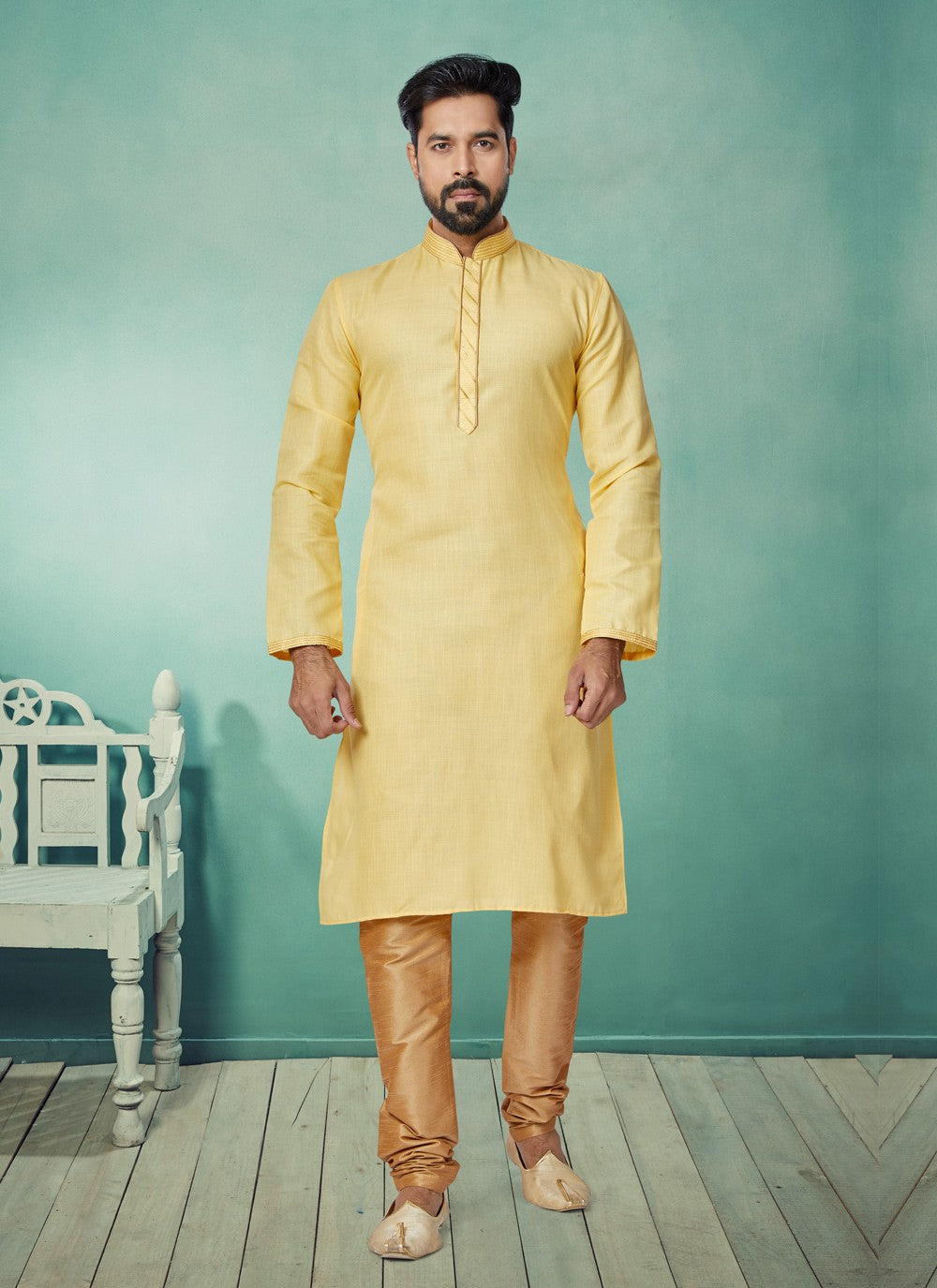 Plain Cotton Yellow Kurta Pyjama - M4953