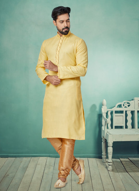 Plain Cotton Yellow Kurta Pyjama - M4953