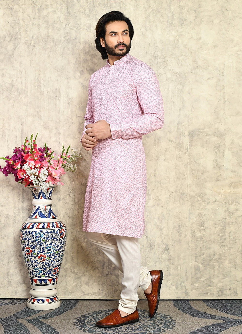 Plain Cotton Lycra Pink Kurta Pyjama - M7930