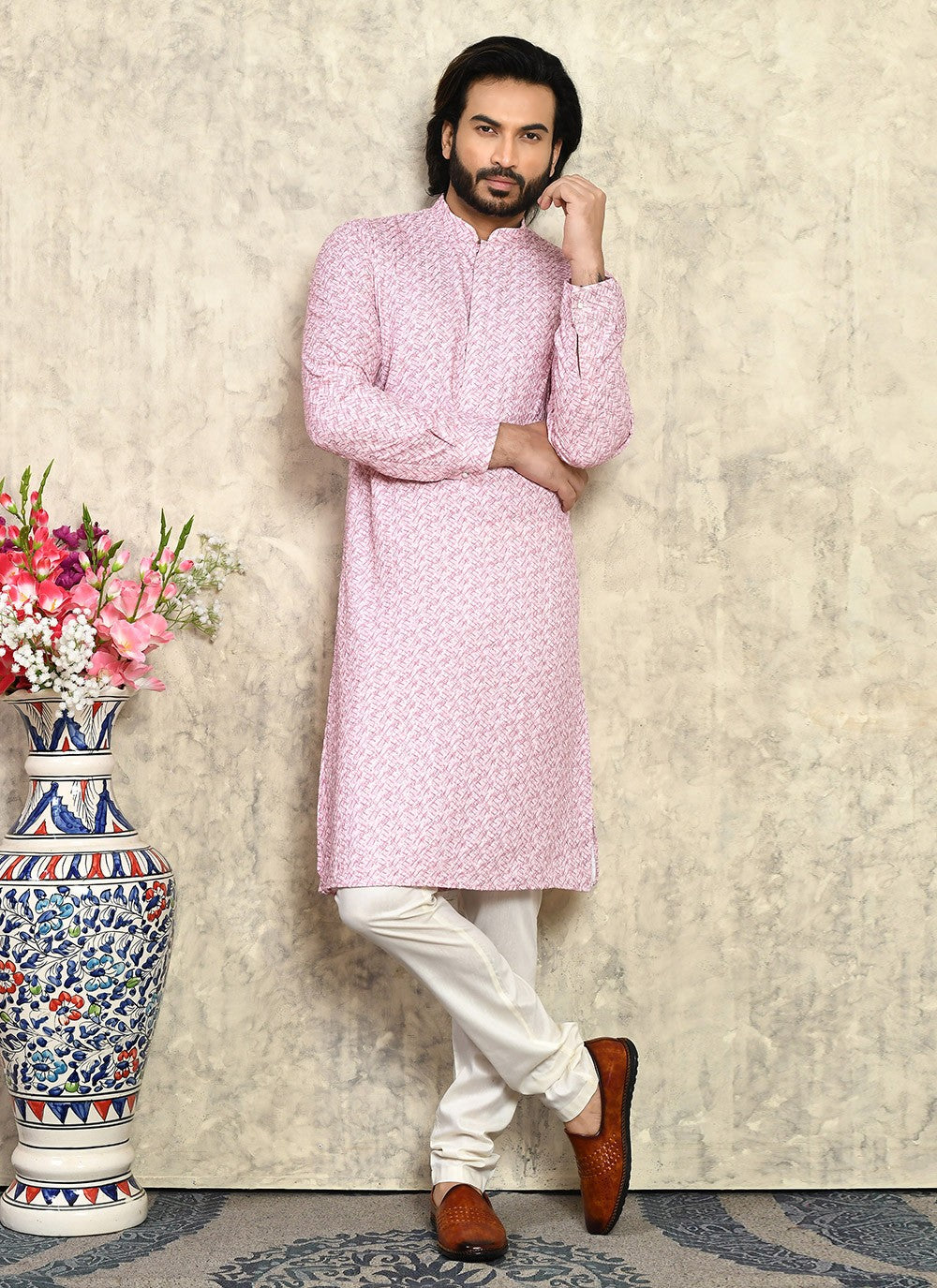 Plain Cotton Lycra Pink Kurta Pyjama - M7930