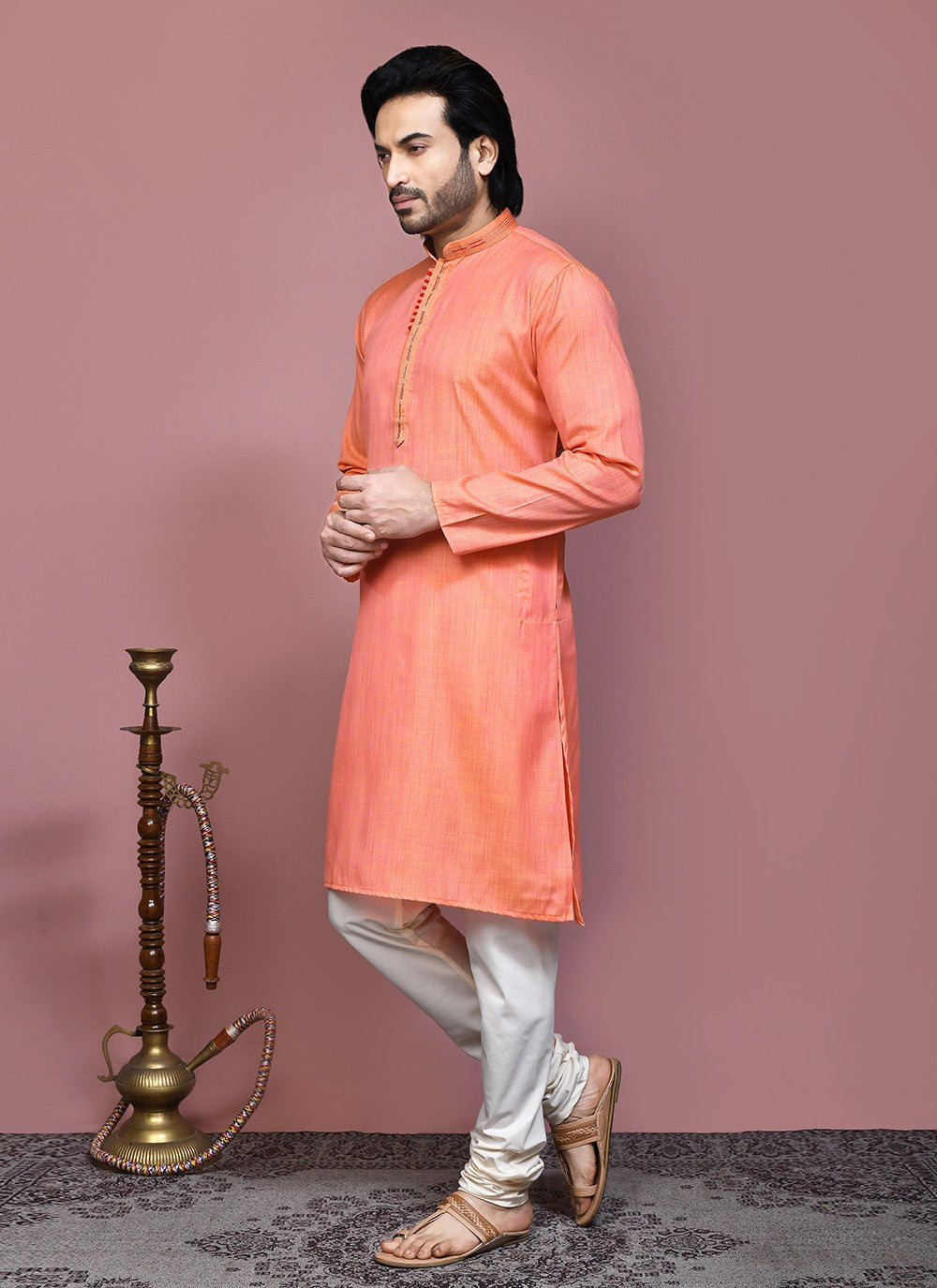 Plain Cotton Silk Orange Kurta Pyjama - M7881