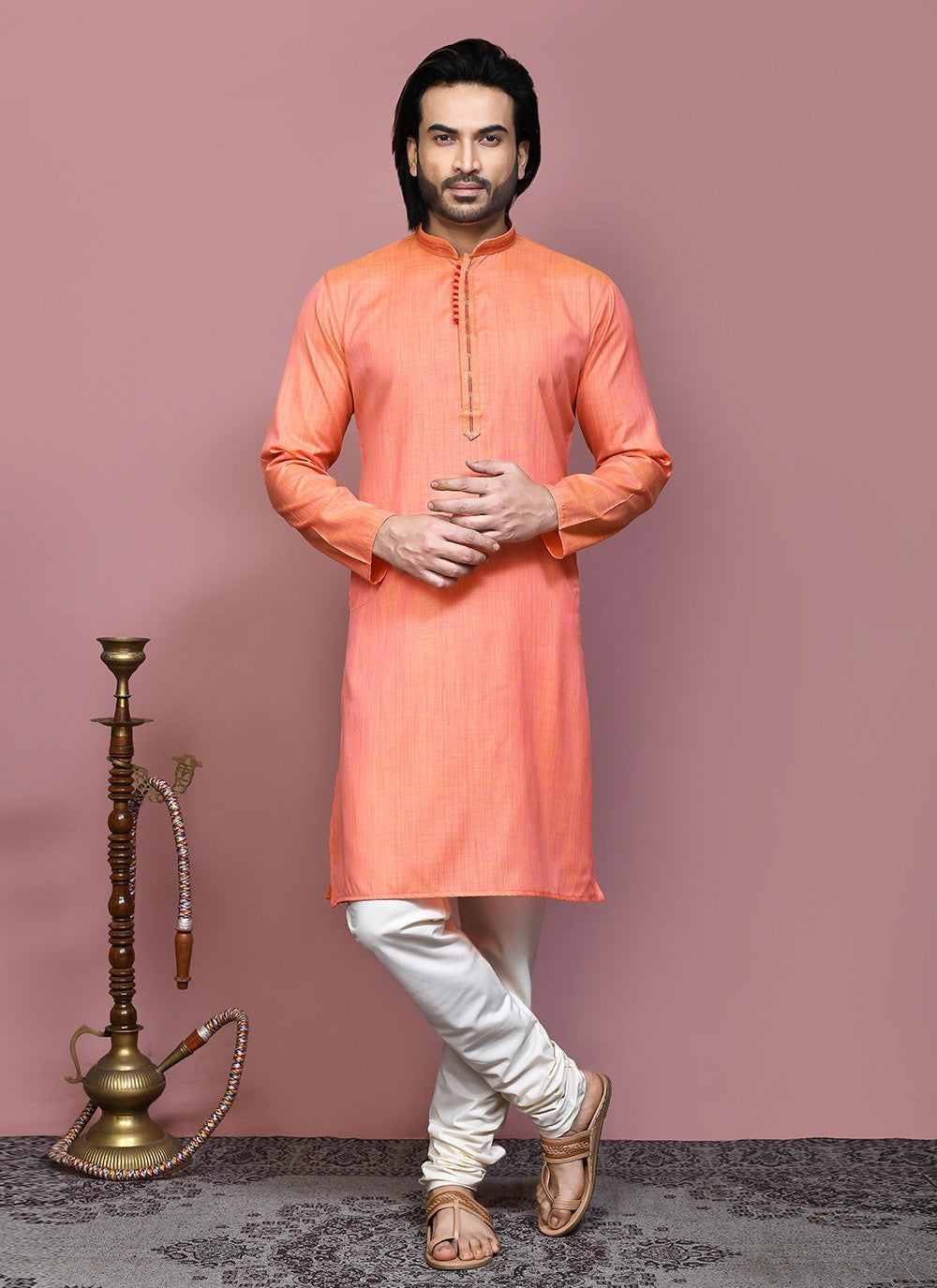 Plain Cotton Silk Orange Kurta Pyjama - M7881