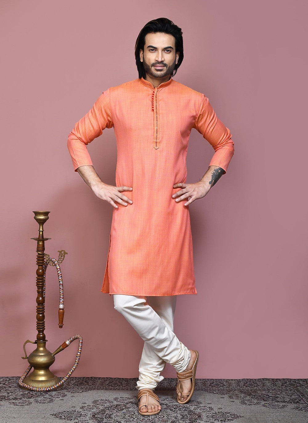 Plain Cotton Silk Orange Kurta Pyjama - M7881