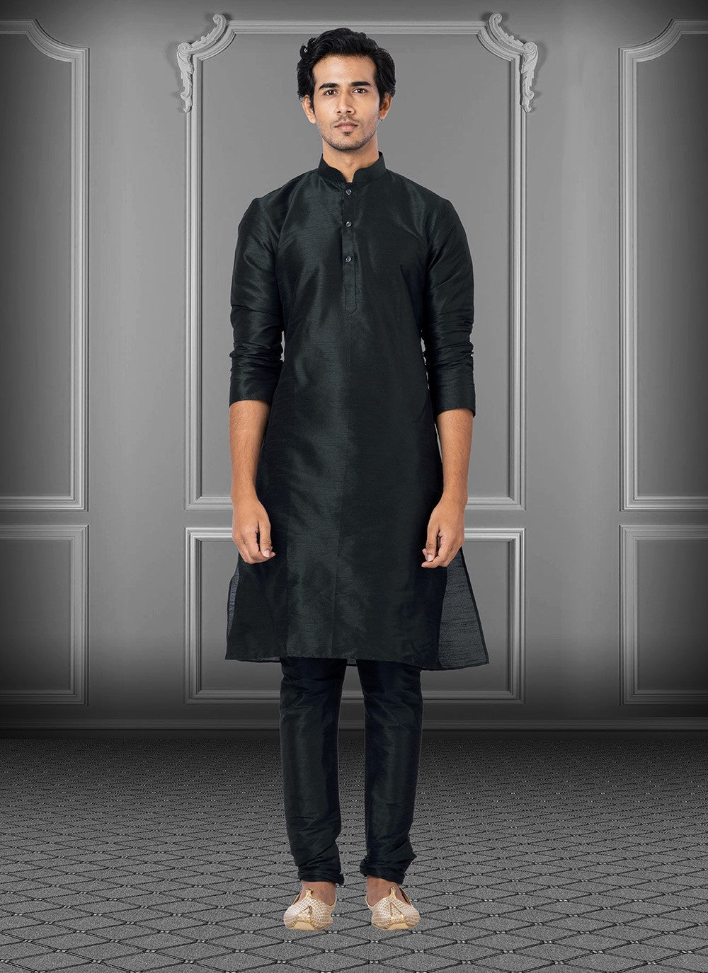 Plain Dupion Silk Black Kurta Pyjama - M3672