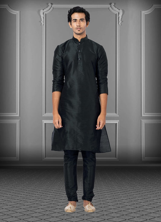 Plain Dupion Silk Black Kurta Pyjama - M3672