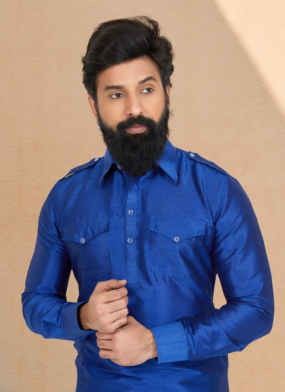 Plain Dupion Silk Blue Kurta Pyjama - M5024