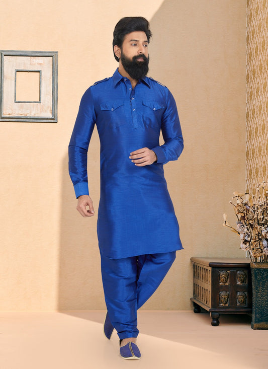 Plain Dupion Silk Blue Kurta Pyjama - M5024