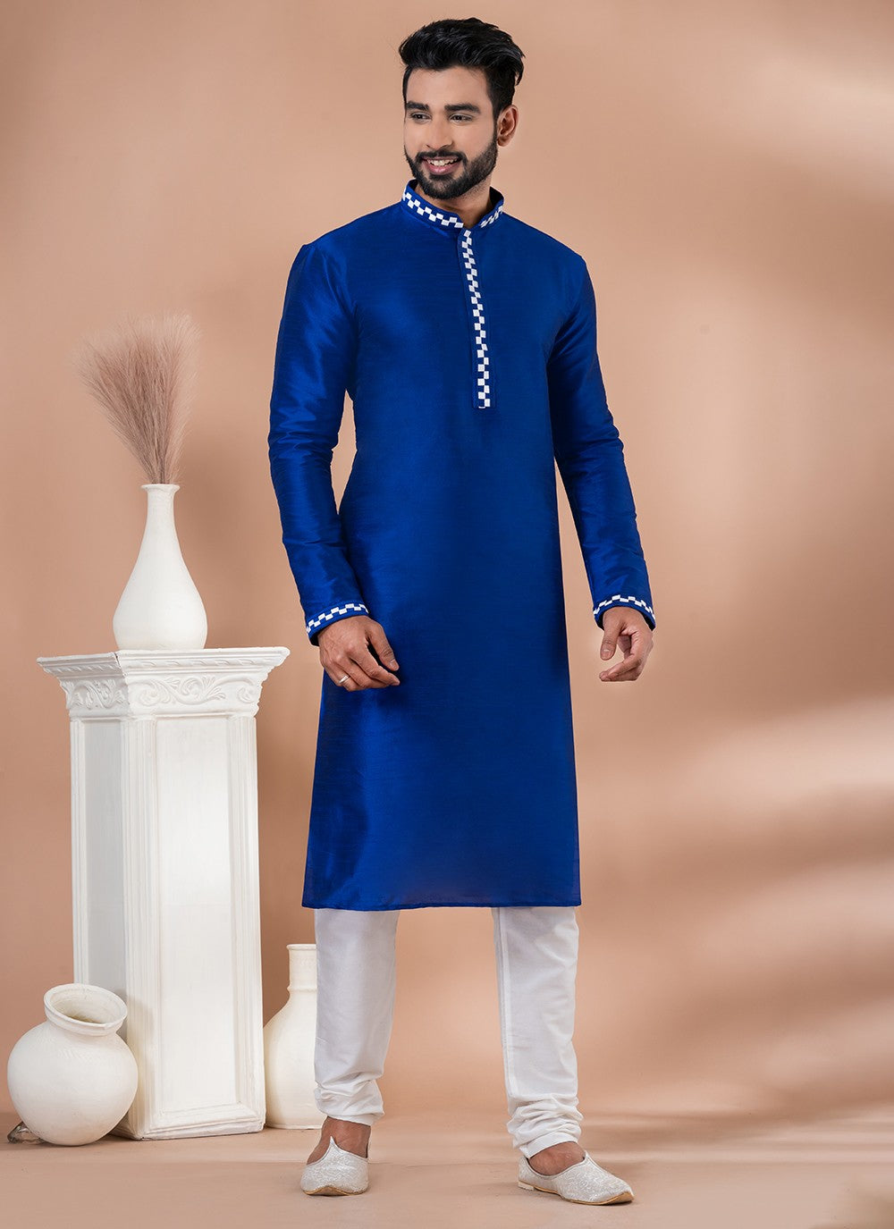 Plain Dupion Silk Blue Kurta Pyjama - M6970