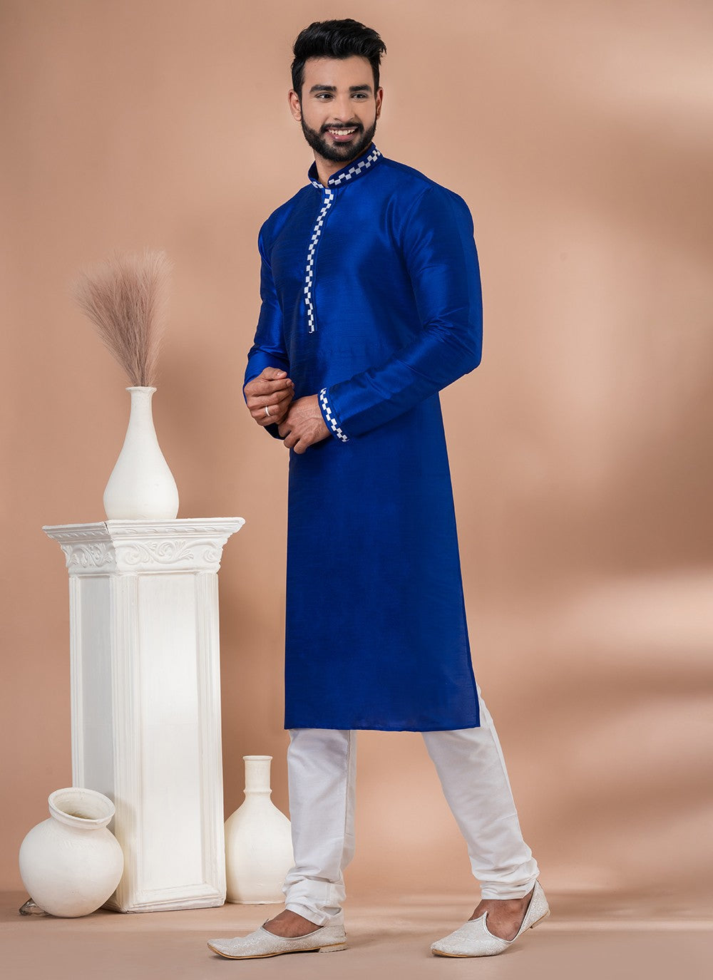 Plain Dupion Silk Blue Kurta Pyjama - M6970