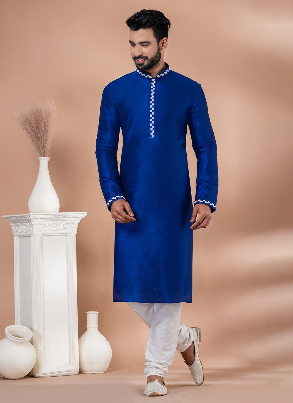 Plain Dupion Silk Blue Kurta Pyjama - M6970