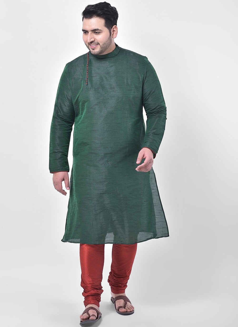 Plain Dupion Silk Green Kurta Pyjama - M2664