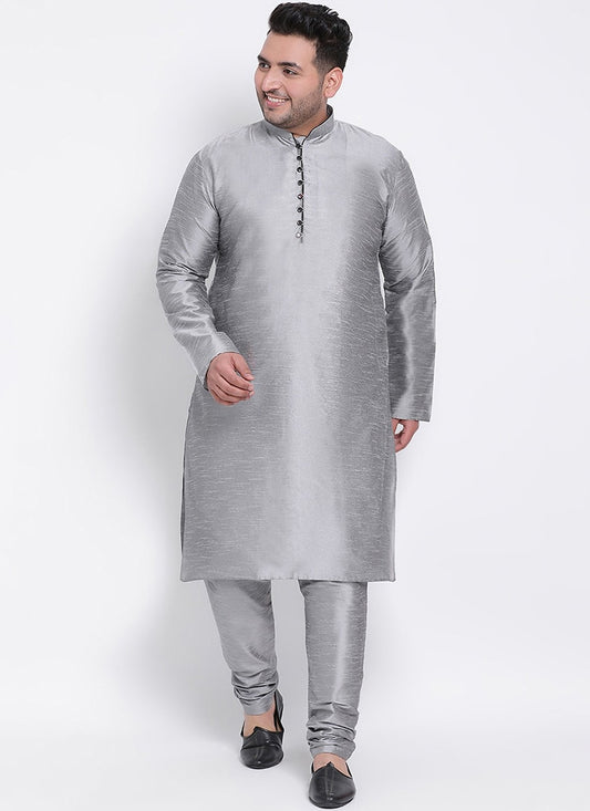 Plain Dupion Silk Grey Kurta Pyjama - M2666