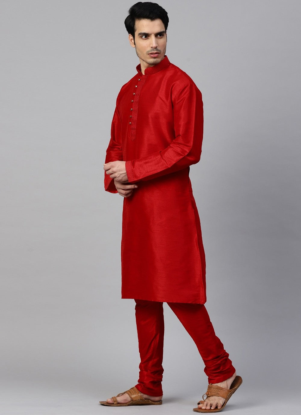 Plain Dupion Silk Red Kurta Pyjama - M2411