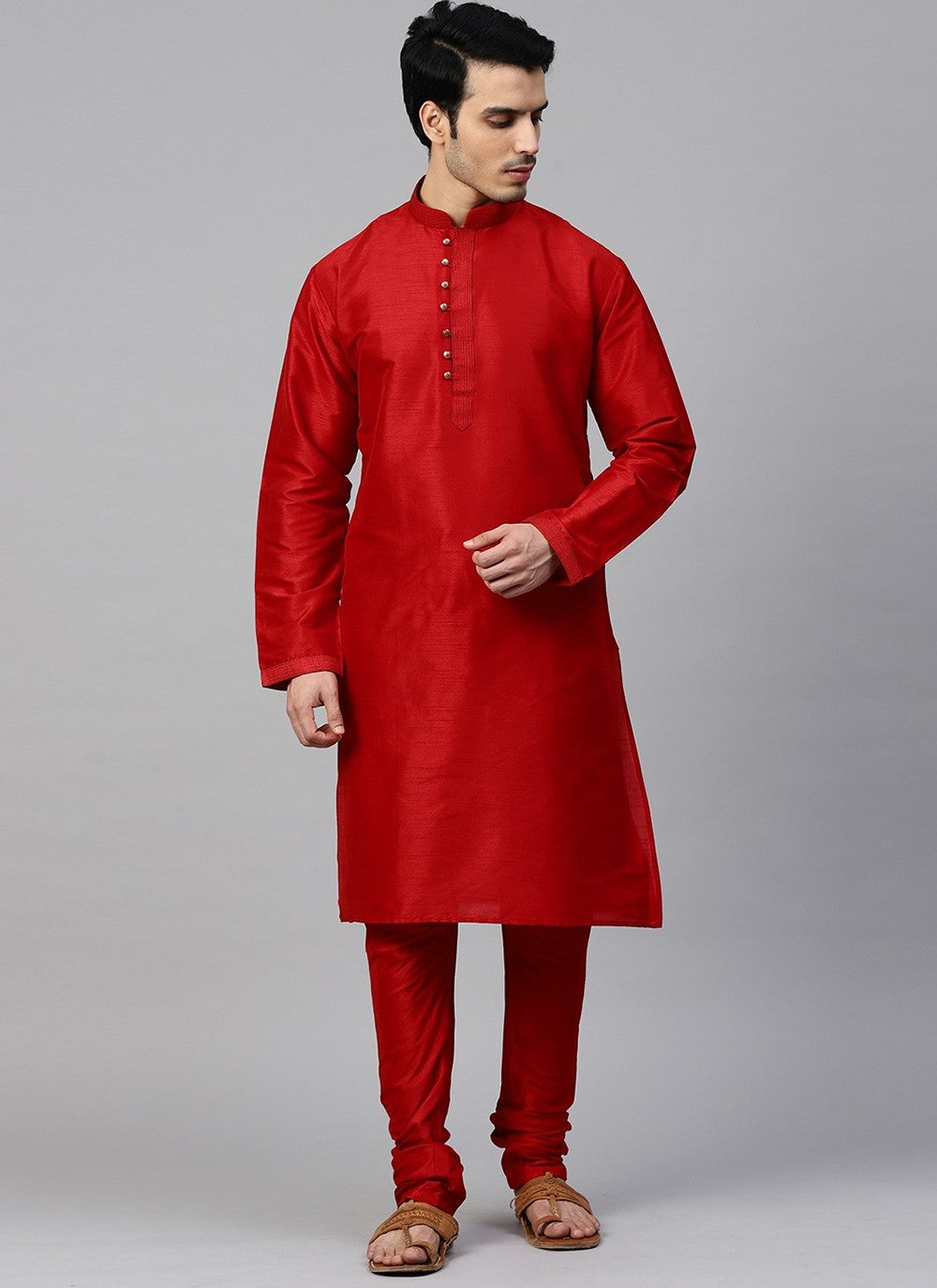 Plain Dupion Silk Red Kurta Pyjama - M2411