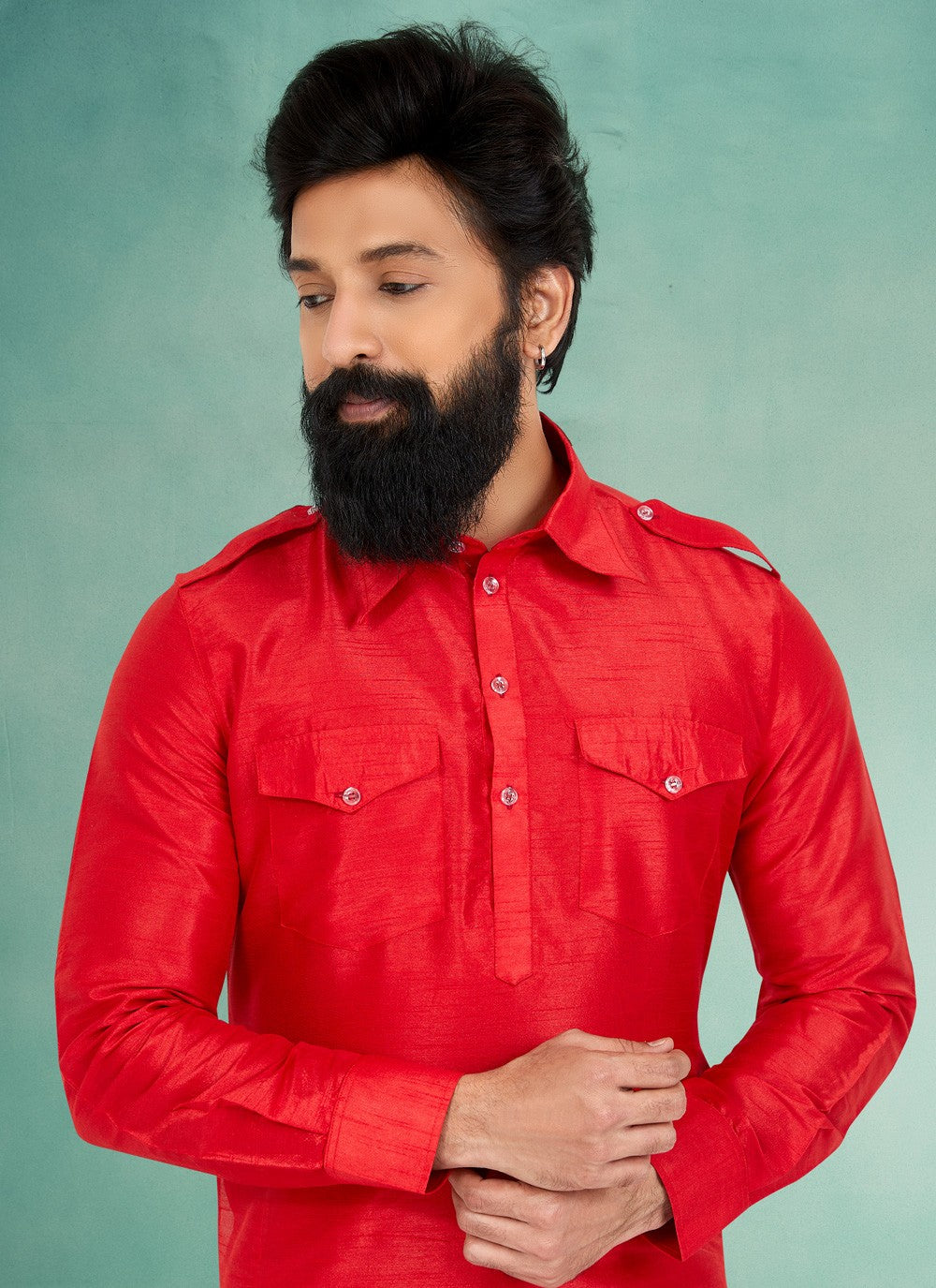 Plain Dupion Silk Red Kurta Pyjama - M5027