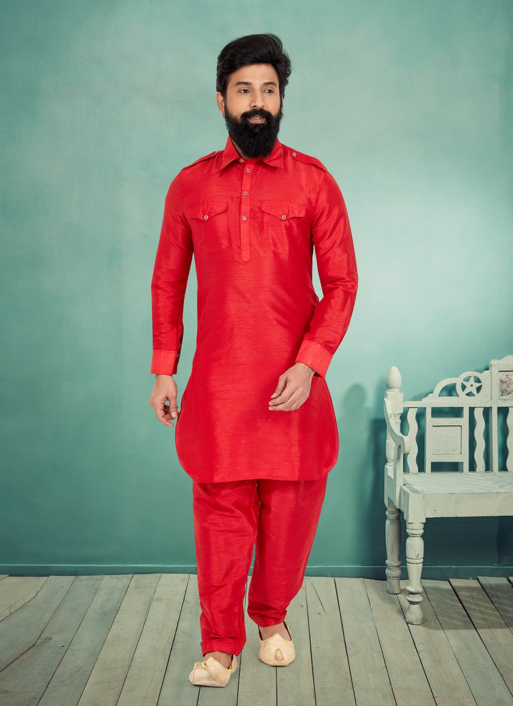 Plain Dupion Silk Red Kurta Pyjama - M5027