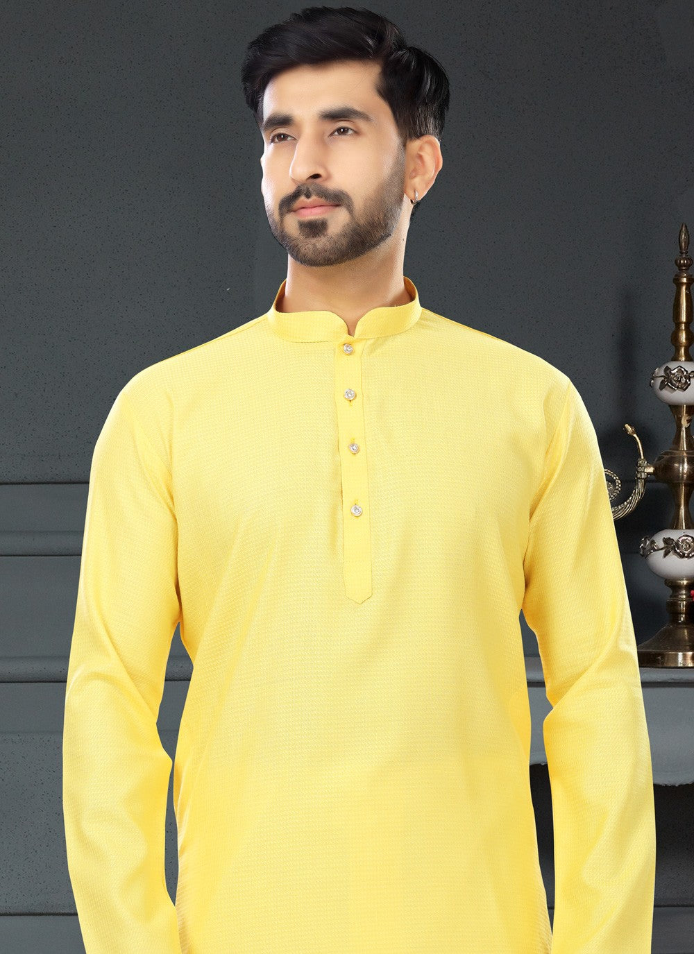 Plain Cotton , Jacquard Yellow Kurta Pyjama - M4744