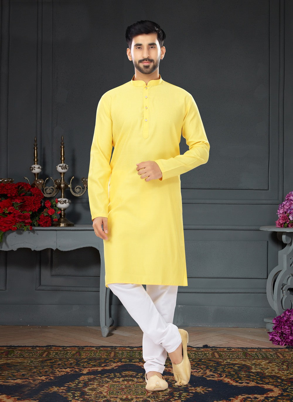 Plain Cotton , Jacquard Yellow Kurta Pyjama - M4744