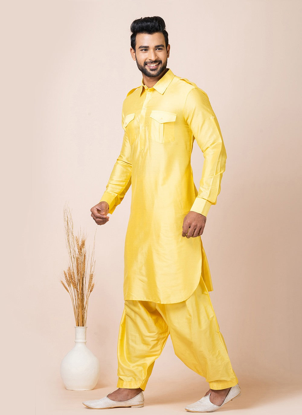 Plain Viscose Yellow Kurta Pyjama - M7473