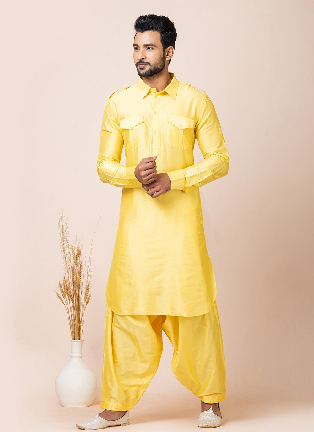 Plain Viscose Yellow Kurta Pyjama - M7473